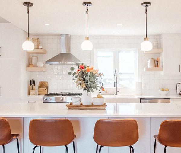 Modern kitchen interior with island and marble. 3D Rendering